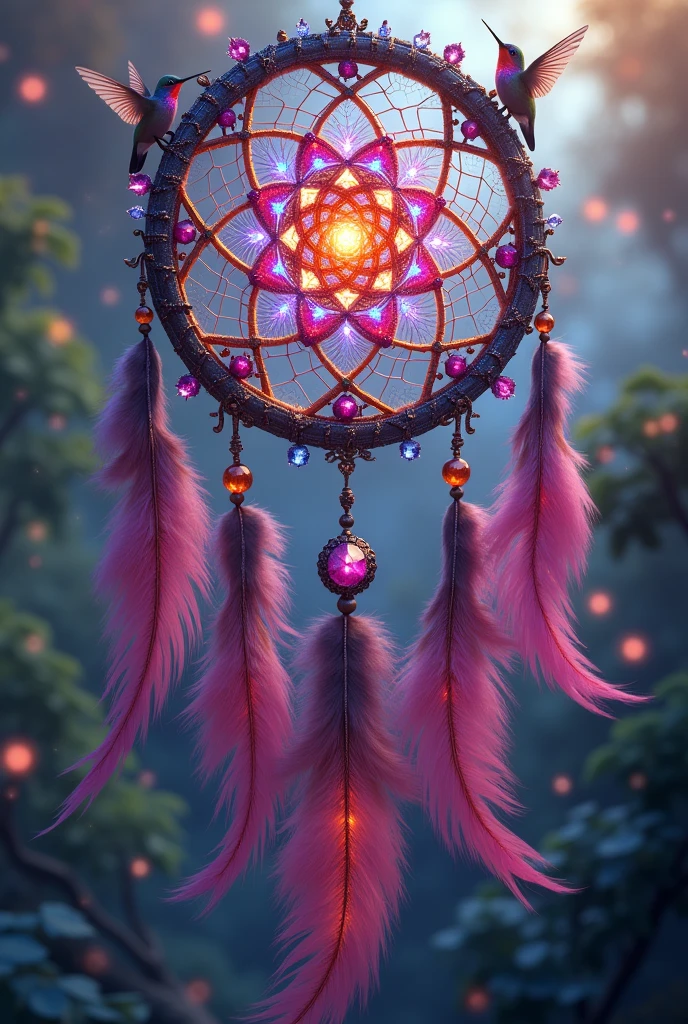Dreamcatcher with crystals gems
Feathers 
Magenta
purple
blue
Red throated Hummingbirds 


