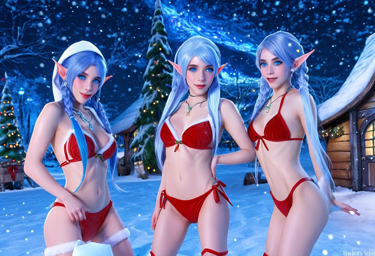 blue skinned elf babes (cute, yuna, snow elf, ice blue eyes, delicate sapphire hair, red and green bikini) play in the snow outside Santa's workshop, starry night