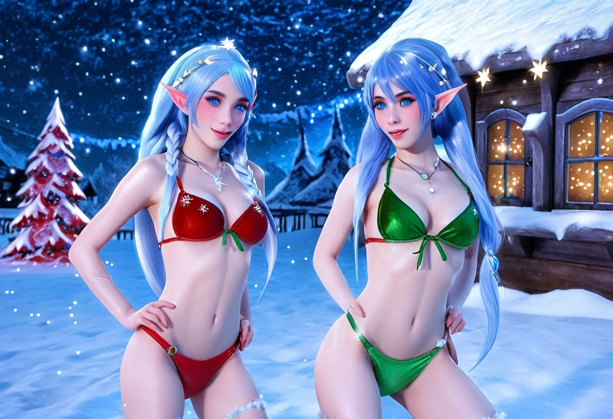 blue skinned elf babes (cute, yuna, snow elf, ice blue eyes, delicate sapphire hair, red and green bikini) play in the snow outside Santa's workshop, starry night