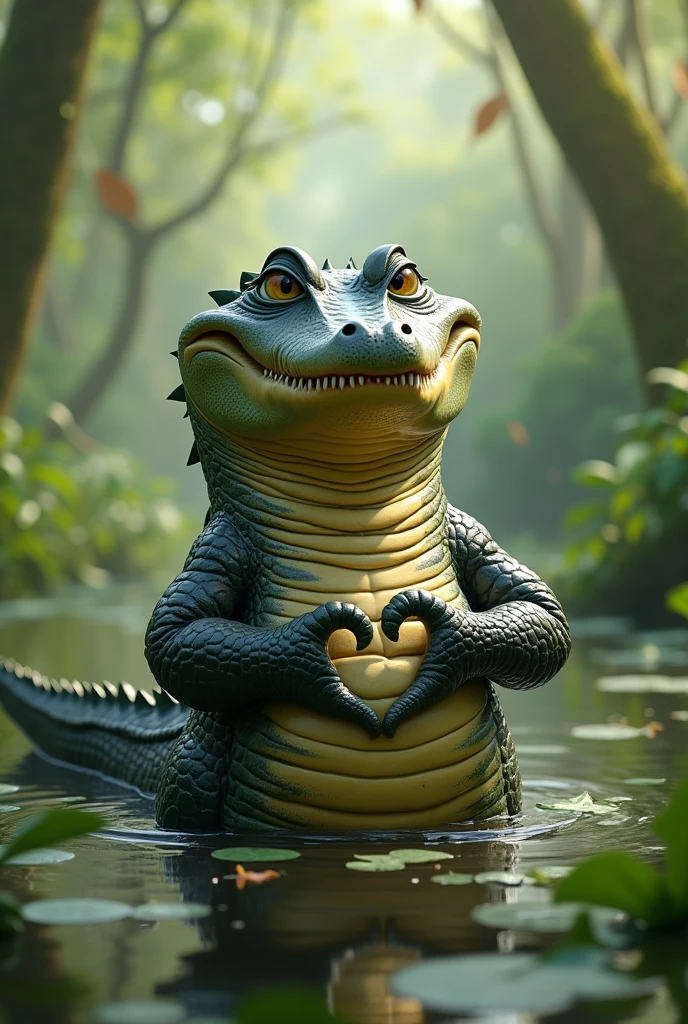 Create an image of an alligator in its natural habitat, making a heart with your paws .