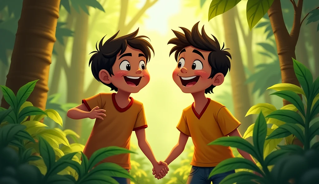 দুজনেই একসঙ্গে হাসতে লাগল, আর ঠিক তখনই বনের মধ্যে থেকে মিষ্টি একটা কোকিলের ডাক শুনতে পেল।ছোট রাজু ও মনু বুঝল যে বনের প্রতিটি মুহূর্তেই আছে মজা, যদি তুমি খোলা মনে উপভোগ করো।
