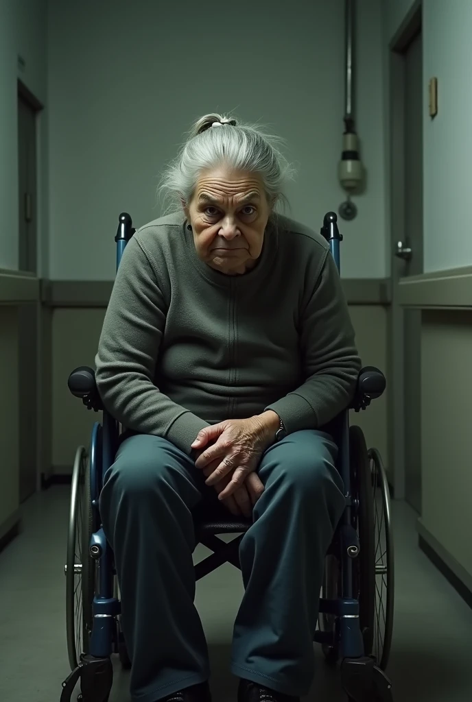 An elderly woman in a wheelchair in a bad mood