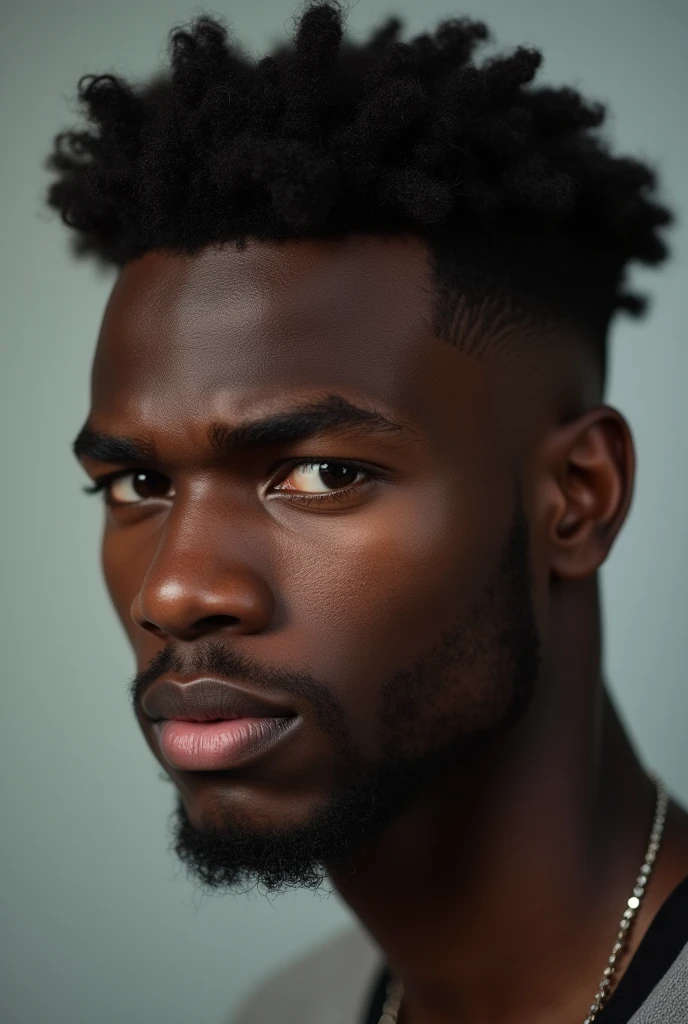dark skin guy early 20s head shot with curly hair that has a taper fade and a little facial hair