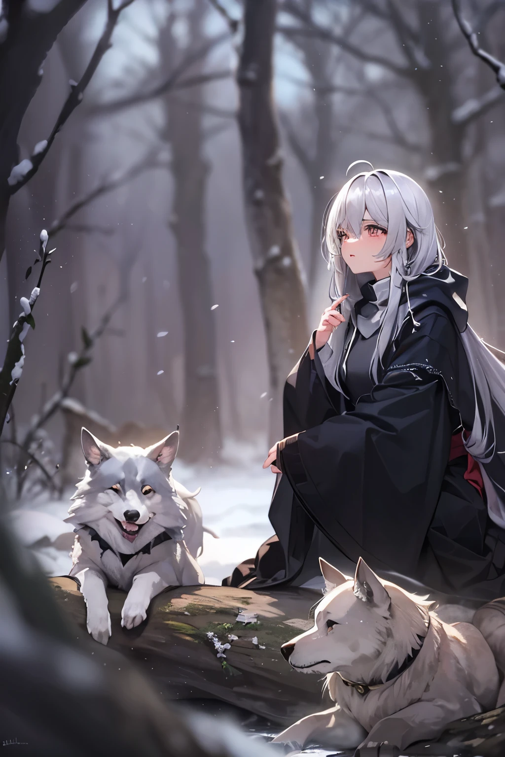 Silver Hair、Semi-long hair,{{{{{{{{ Oversized black hoodie }}}}}}}},Beautiful and delicate golden eyes,thought,Black clothes,Fairy,fairy tale,forest,winter,Haa,cold,snow,Wolf,animal,beast