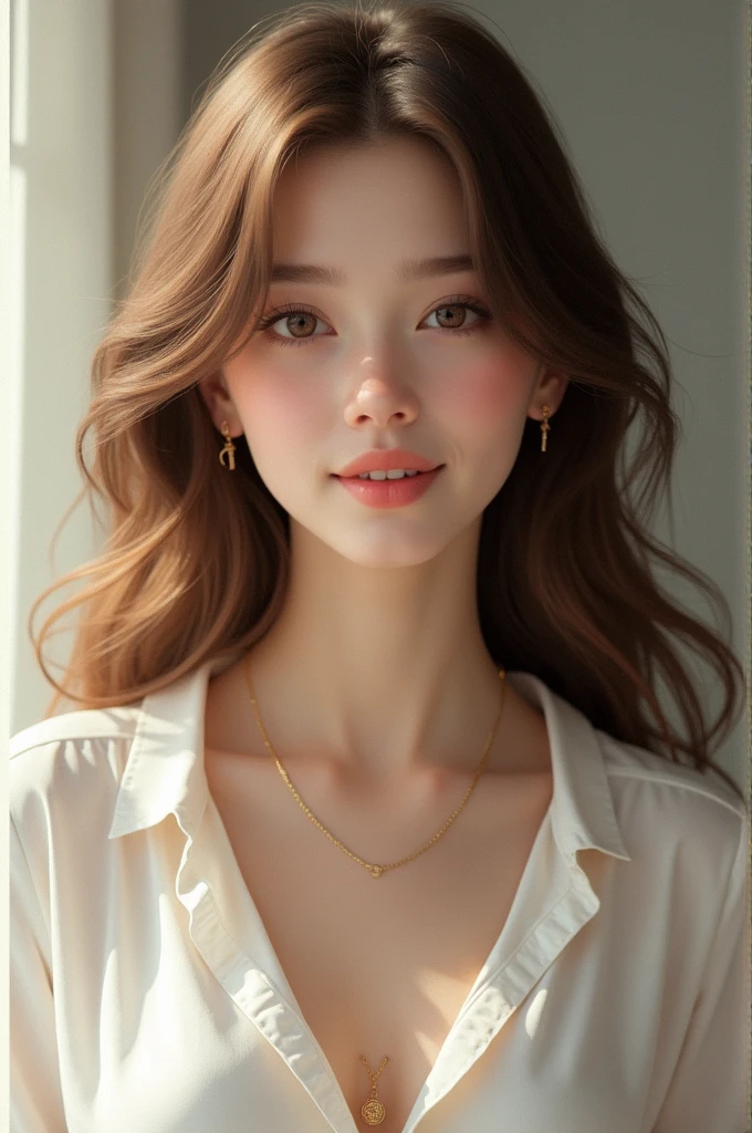 a age,brown hair, with a white blouse, with a necklace, little smile