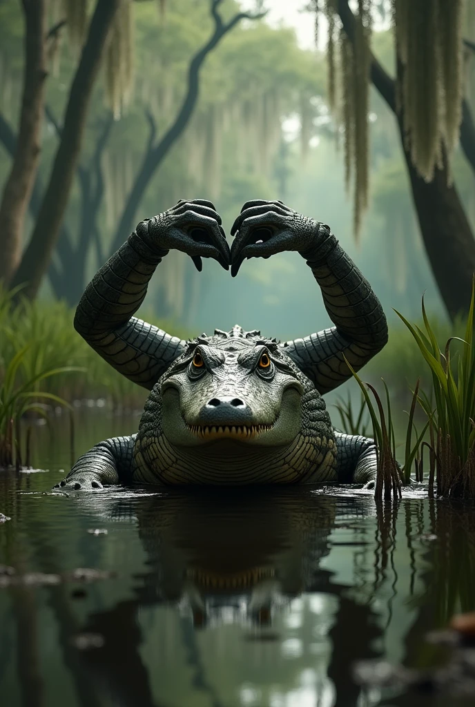 Create an image of an alligator in its natural habitat, Making a heart with your hands . 