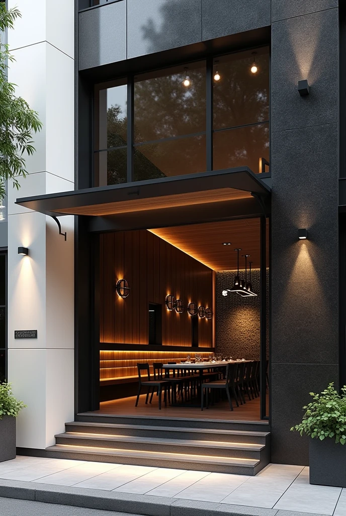 Restuarant facade architecture , a view of resturant facade with larg window , main material by glossy white wall and black stone and wood, RAW photo, real, best quality, masterpiece:1.2), look morden minimalist , shime ring light, light brighteness from indoor:1.2, dynamic lighting: 1.3, (hyper realistic, photo-realistic:1.2), high quality, day lighht, hight contrast :0.5 perfect lighting, archdaily, award winning contemporary, contemporary masterpiece, well-designed masterpiece,