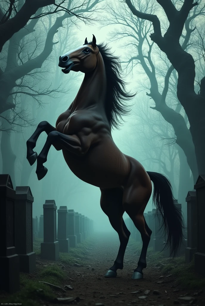 A bay horse with a white muzzle rearing among the graves
