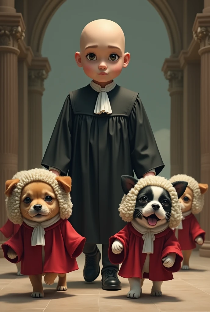 A bald judge walking with 10 puppies on leashes , These puppies wear judges&#39; clothes and have human faces, one of them being female with white and black hair. 