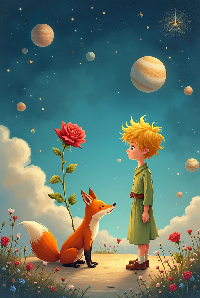 Background image of the little prince with a rose and the fox, with planets. with phrase of: "Happy birthday Carmen Rosa!"