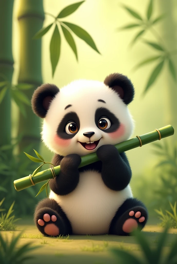 I need you to design me an animated image of a cute baby panda sitting down, happy biting a bamboo branch (This must be an eco-friendly speaker) Frontal shot where you can see that he is biting the bamboo