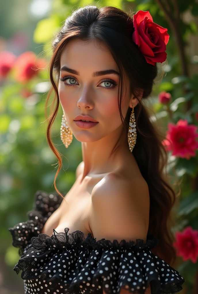 Woman Jennifer connelly Young 20 years old model long hair Brow bun with red rose in hair n blue eyes dress flamenco sevillana ruffles lace black polka dots white long gold earrings diamonds in garden 