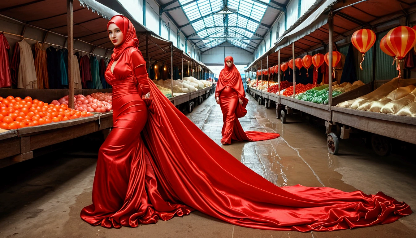 A woman shrouded in a 9-meter-long, plush red satin cloth, tightly bound and grandly draping along the form of her body, flowing off into a pooled floor-length train, styled in a mermaid-inspired outfit with ballon sleeve, her head modestly veiled in a satin hijab, tall woman, walk in wet traditional market, a full-body pose conveying a sense of elegance, captured in a 4k resolution, ultra-realistic