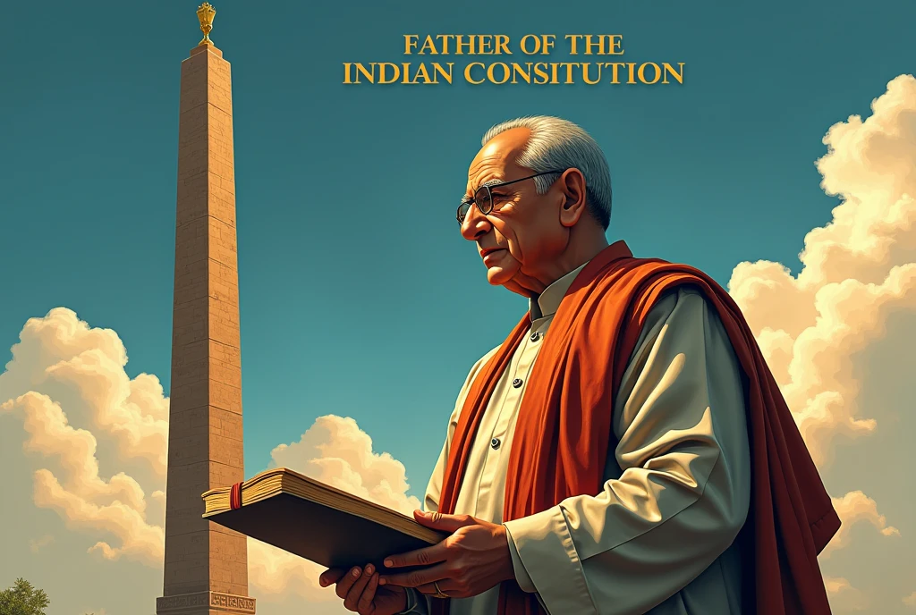 "A striking illustration of Bhimrao Ramji Ambedkar standing in front of the Indian Constitution, holding it in one hand with pride. The background showcases the Ashoka Pillar, symbolizing justice and equality. The color scheme is a blend of deep blues and golds, representing wisdom and strength. A subtle overlay of text in the top corner reads 'Father of the Indian Constitution' in elegant, modern typography."