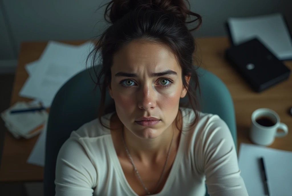 A job working woman looking exhausted and drained by the end of the day. The person’s face should show signs of fatigue and weariness. In the background, there could be an office desk or home setting with scattered papers and a coffee cup. In one corner of the image, include text that says "Fatigue and Weakness: Solutions and Tips." This will clearly indicate that the image is related to managing fatigue and weakness.