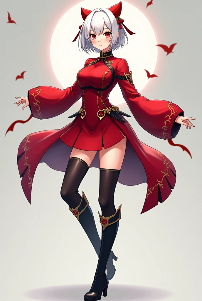 A short white haired anime style girl with a red Chinese combat suit on top and a not so long skirt, Black high boots with long sleeves on the arms Height 169 Large bust Long legs 2 Looks like a young adult Full body