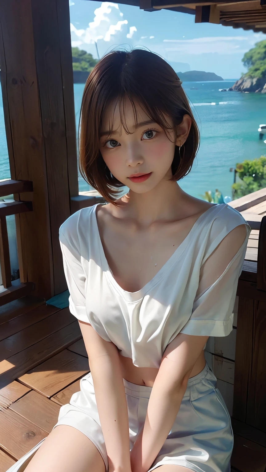Highest quality,Realistic,masterpiece,detailed,High resolution,cute , chest, 1 girl, alone, Nipples, Masturbation, No fixes, , big chest, blush, , grabbing own chest, Pull up clothes, pulling up shirt, Poster (object), short hair, belly button, Sweat, Sitting, jewelry, Earrings, Outdoor, Bottomless, Mole, Orange Hair,, lips apart, very good, clavicle, Glowing Skin, lips, Open your mouth, shirt, Green Eyes, vein, Realistic,Excited,aphrodisiac,Flushing,splash,Sweat,Japanese architecture,Wet veranda,White shorts,You can see the ocean,wood