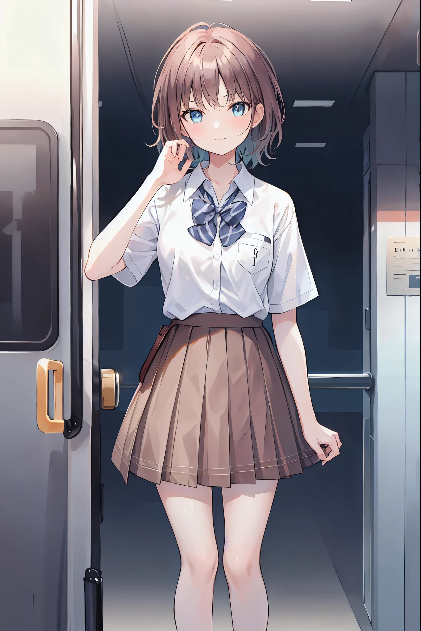 Brown Hair,Shortcuts,Messy Hair,Slender beauty,Hall々A positive attitude,Small box,Beautiful legs,Long Hair, View your audience, smile, bangs, blue eyes, Multiple Girls, skirt, Brown Hair, shirt, Black Hair, Short sleeve, Brown eyes, Long Hair, Are standing, white polo shirt, pleated skirt, Open clothes, shoes, shoes下, Striped, collared shirt, Please raise your hand, Three Girls, bag, Knee-length, plaid skirt, Brown Loafers, grey skirt, school bag, Diagonal stripes, station,stationターミナル,Train doors,Signs of the Night