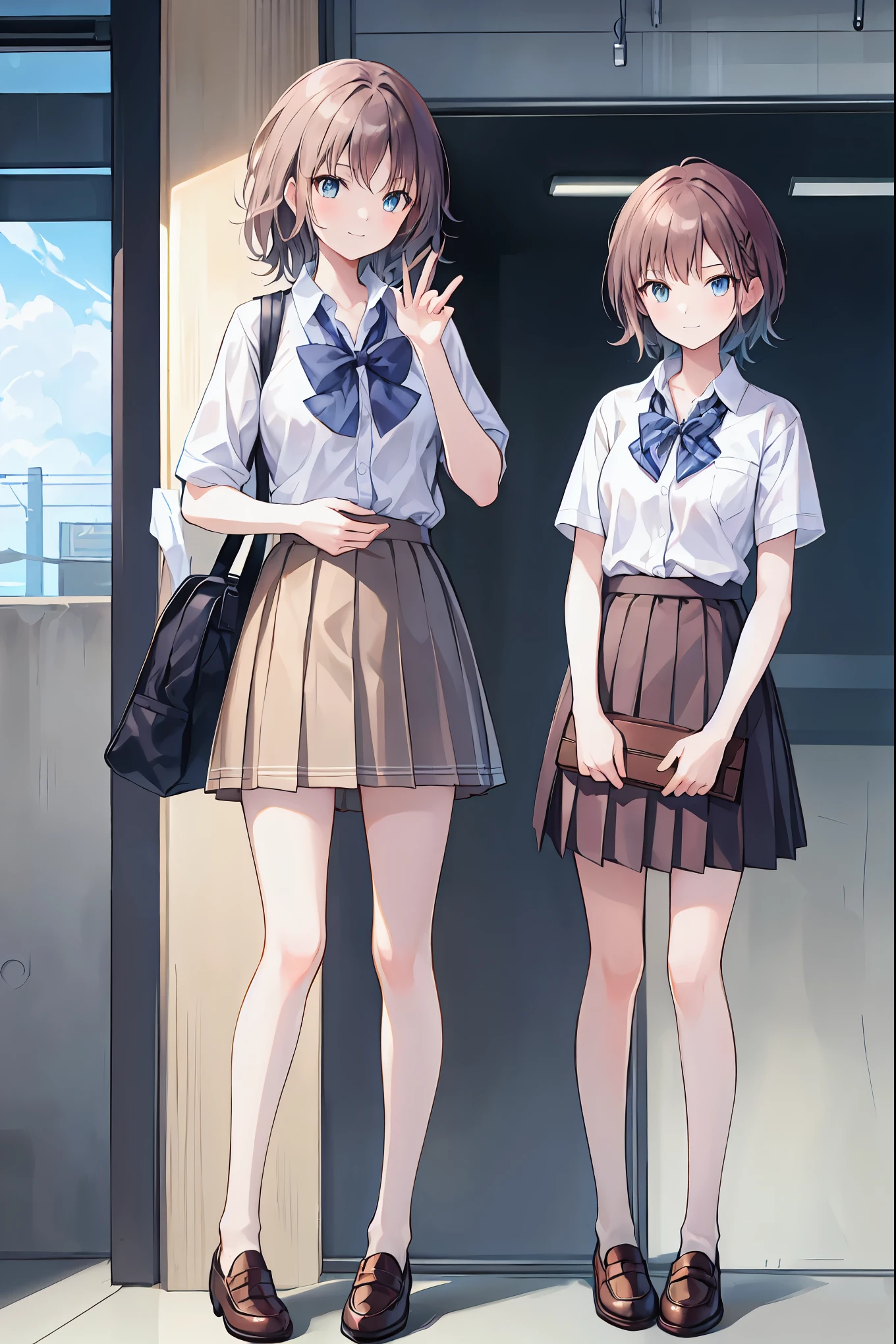 Brown Hair，Shortcuts，Messy Hair，Slender beauty，Hall々A positive attitude，Small box，Beautiful legs，Long Hair, View your audience, smile, bangs, blue eyes, Multiple Girls, skirt, Brown Hair, shirt, Black Hair, Short sleeve, Brown eyes,  Long Hair, Are standing, white polo shirt, pleated skirt, Open clothes, shoes, shoes下, Striped, collared shirt, Please raise your hand, Three Girls, bag, Knee-length, plaid skirt, Brown Loafers, grey skirt, school bag, Diagonal stripes, station，stationターミナル，Train doors，Signs of the Night