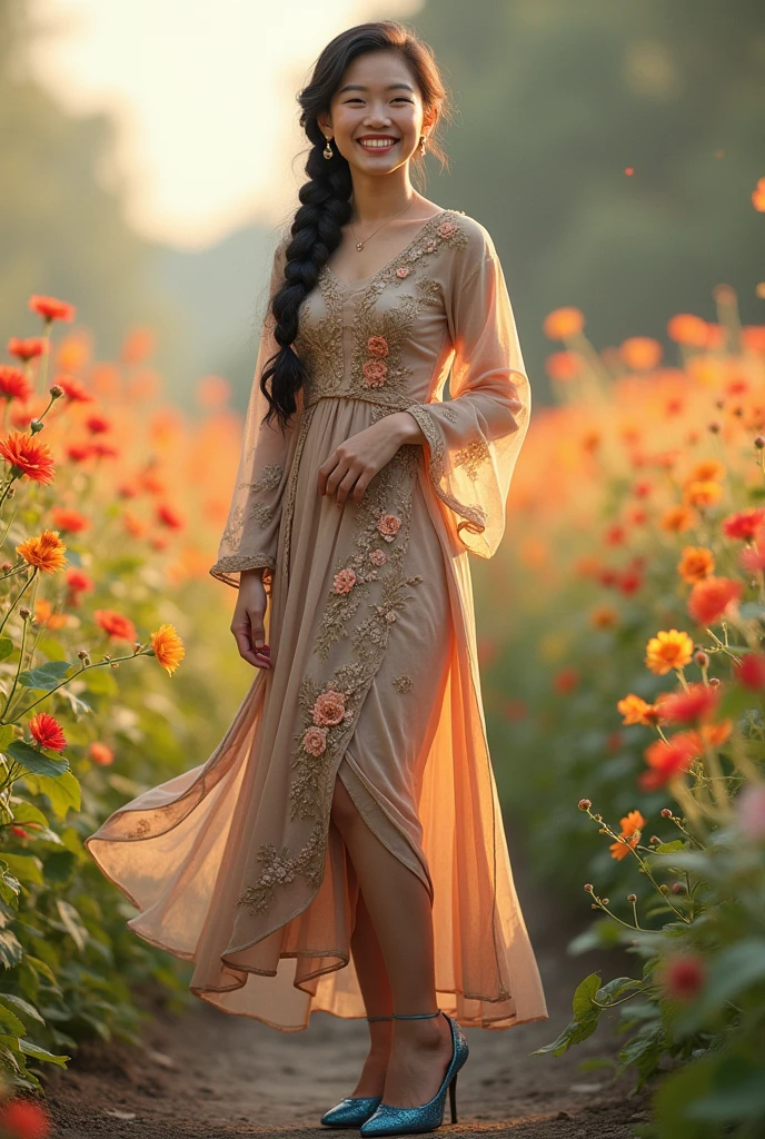 Full body photo of a girl with braided hair, smiling cheerfully, wearing a long-sleeved dress made of Thai fabric brown, pearl, and a flowery skirt, wearing blue high heels, standing in a field of flowers