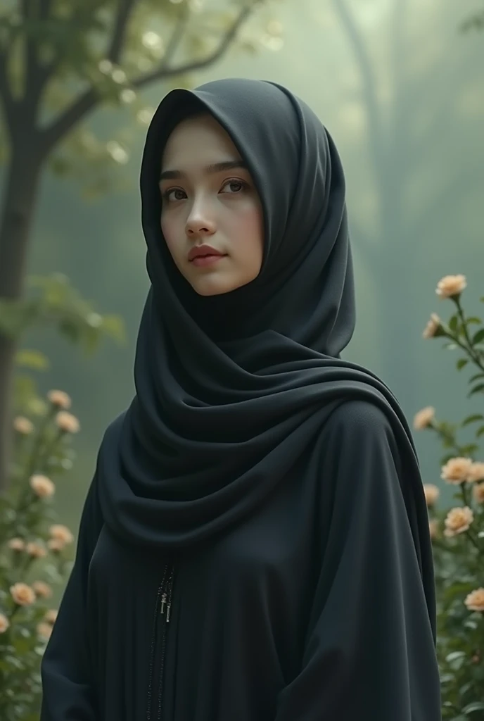 Cute girl muslim burka generate pic and black kurta and background trees blour age 17