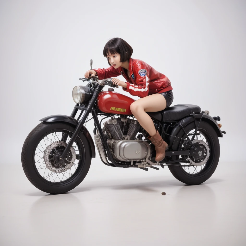 (磁器people形:1.2)、(陶磁器people形:1.2)、(Ride a classic motorcycle:1.2 )、(Vintage Bikes、Bluff Superior SS100)、美しい若い日本people女性、Beautiful Face, Black Hair, Short Bob Hair, Red classic leather jacket、leather shorts、boots、goggles、Take a photo of the entire bike、(people々々And the size balance of the motorcycle is our number one priority.:1.2)、Blur the background、((No background))、((White Background))、((Plain background))、((No logo))、(Highest quality、High resolution、masterpiece)、(3d)、4K、8k、wallpaper、