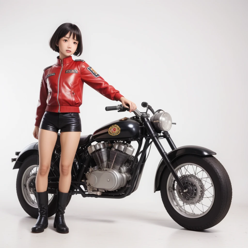 (磁器people形:1.2)、(陶磁器people形:1.2)、(Ride a classic motorcycle:1.2 )、(Vintage Bikes、Bluff Superior SS100)、美しい若い日本people女性、Beautiful Face, Black Hair, Short Bob Hair, Red classic leather jacket、leather shorts、boots、goggles、Take a photo of the entire bike、(people々々And the size balance of the motorcycle is our number one priority.:1.2)、Blur the background、((No background))、((White Background))、((Plain background))、((No logo))、(Highest quality、High resolution、masterpiece)、(3d)、4K、8k、wallpaper、