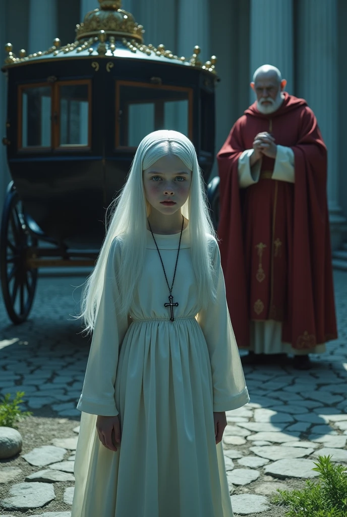 Albino girl with long white hair, From the Middle Ages, realisitic, blue eyes white nun clothes, with a cross necklace and a look of fear in front of a carriage in a Villa, with a scary red bishop behind details at night.