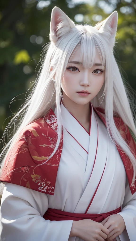 White Demon Fox、Nine-tailed Fox、Japanese women、kimono、Fair skin、Red lines on face、8k、I have long hair、High-resolution model、Ultra high definition, Textured skin,