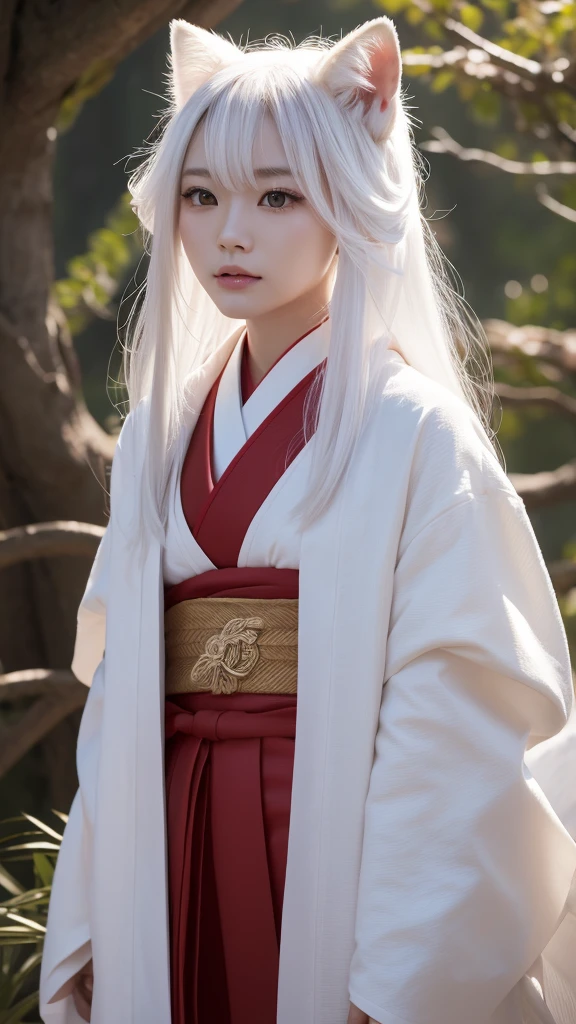 White Demon Fox、Nine-tailed Fox、Japanese women、kimono、Fair skin、Red lines on face、8k、I have long hair、High-resolution model、Ultra high definition, Textured skin,  