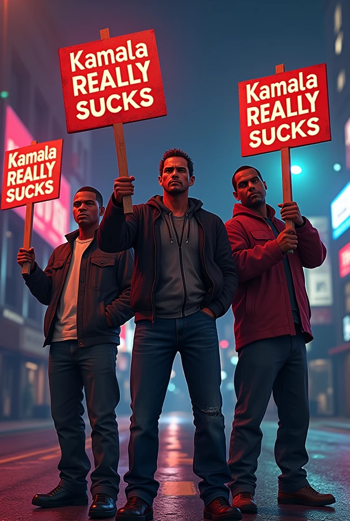 Grabd theft Auto Trever Michael and Lamar holding signs that read Kamala Really Sucks