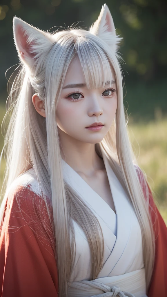 White Demon Fox、Nine-tailed Fox、Japanese women、kimono、Fair skin、Red lines on face、8k、I have long hair、High-resolution model、Ultra high definition, Textured skin,