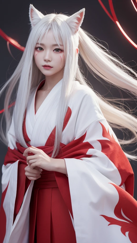 White Demon Fox、Nine-tailed Fox、Japanese women、kimono、Fair skin、Red lines on face、8k、I have long hair、High-resolution model、Ultra high definition, Textured skin,
