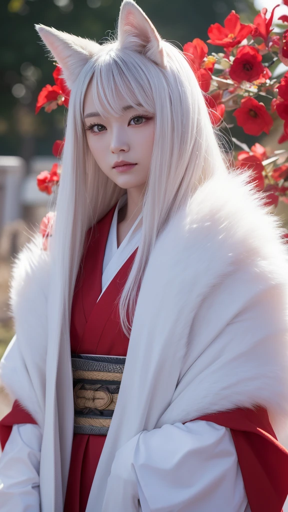 White Demon Fox、Nine-tailed Fox、Japanese women、kimono、Fair skin、Red lines on face、8k、I have long hair、High-resolution model、Ultra high definition, Textured skin,