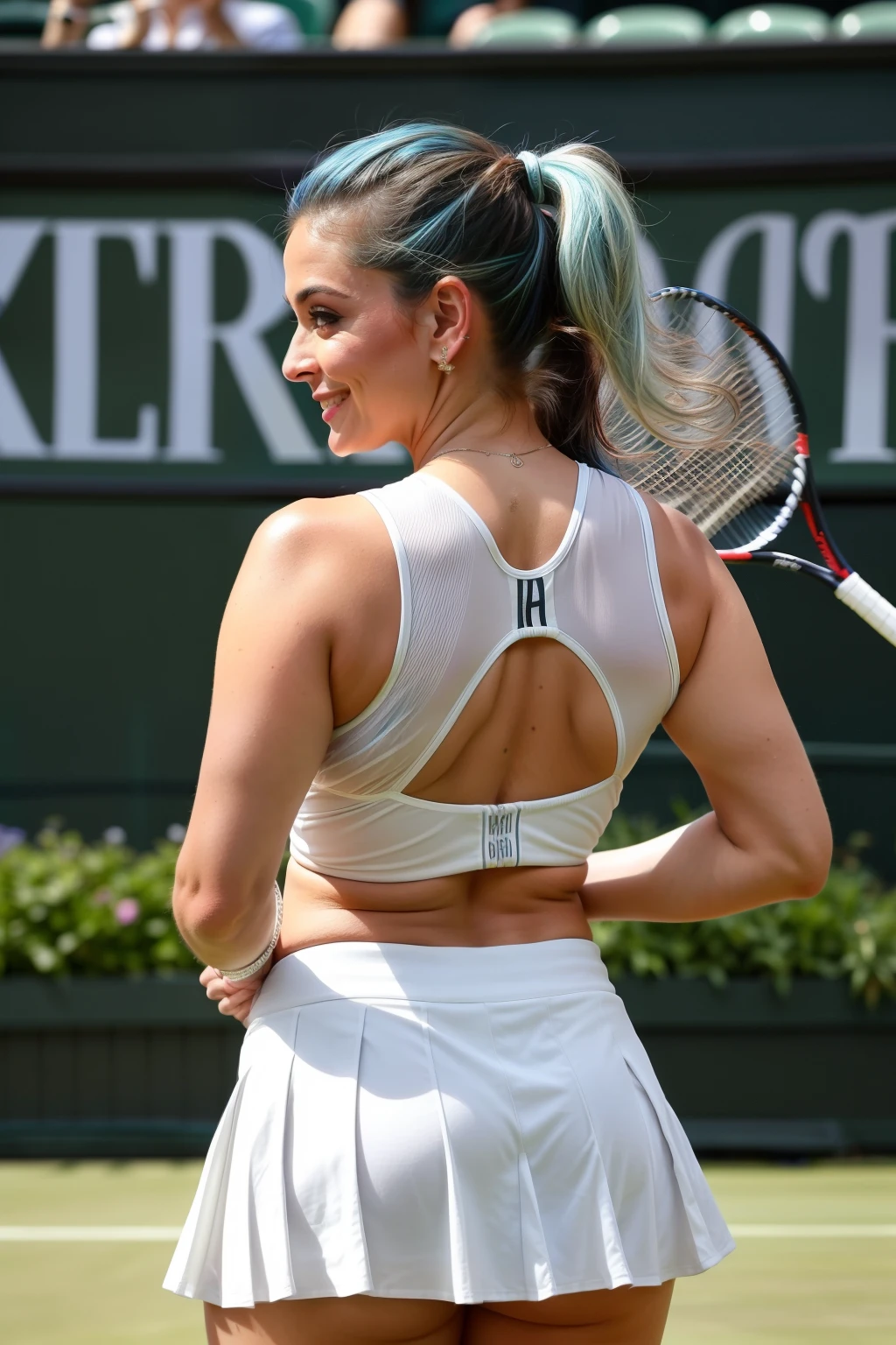 Full body photo of 50YO MATURE MILF AISHWARYA RAI as SEXIEST TENNIS PLAYER, ((COMPLETE WHITE MICRO MINI SKIRT AND STRING TOP EXPOSING BARE BACK)), ((FLIRTATIOUS MOCKING SMILE)), ((ponytail blue COLOURED hair)), ((SHOWING HER BACK IN WIMBLEDON CENTRE COURT)), day scene, ((curvaceous mature hourglass figure)), soft volumetric lights, intricate details, (ArtStation:1.2)