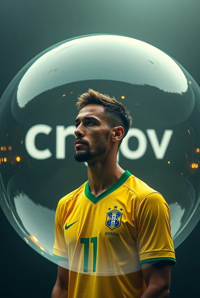 Neymar Junior wearing the Brazilian shirt inside a bubble and the word crxgov written in the background