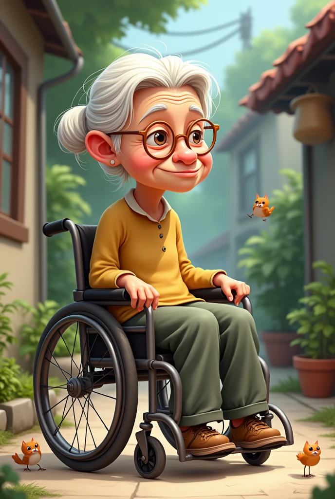An old lady in a wheelchair, badly animated to draw