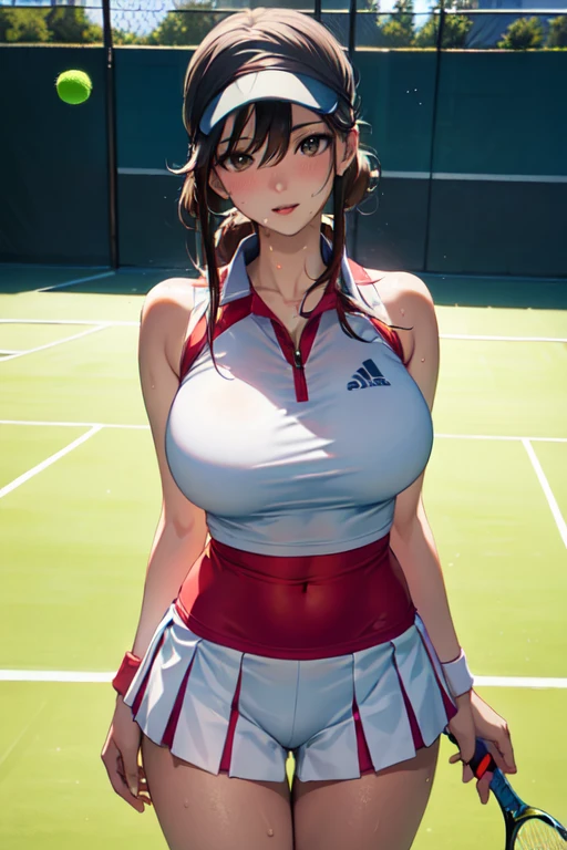 ((Best Quality)), ((masterpiece)), (detailed), 1 girl, ((playing tennis)), with tennis uniform, sweating, ((big breasts)), wide hips, on a tennis court,((Whole body)),((looking at the viewer))