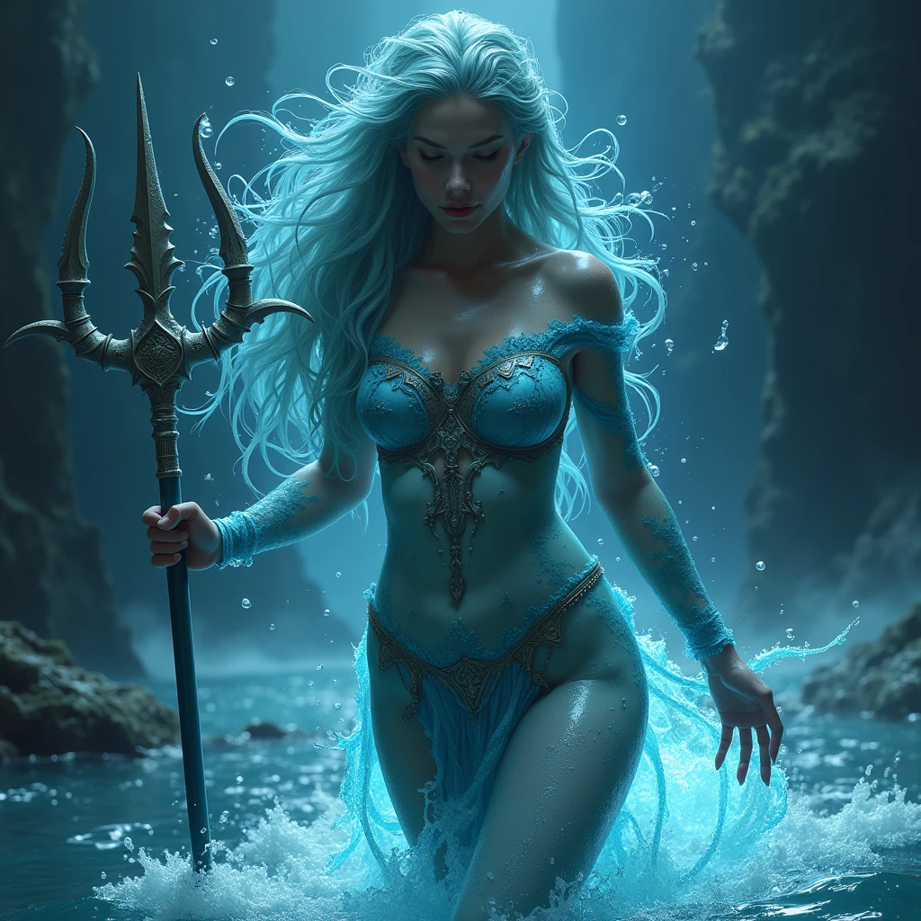 portrait character DnD, ifrit woman, the body is made of water, water skin, sea foam skin, water element, Creature, wet skin, wet, dance with water, domineering, beautiful, proud, high detail, masterpiece, deep shadows, Against the backdrop of sea, darkness, skin emits light, athletic body, erotic outfit, a corset, minions the devils under your feet. He holds a powerful trident similar to Poseidon's. full body, walk on water