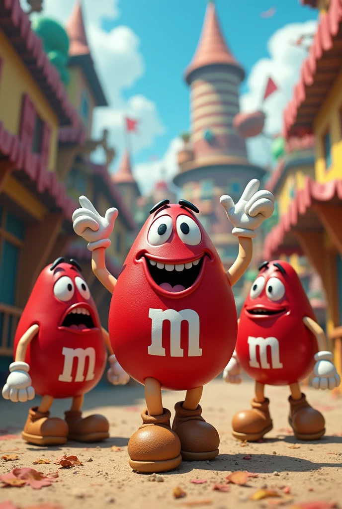 One Piece, 3 Red M&M Men with big floppy potato shoes, flapping arms, chanting "HO HA HO HA"