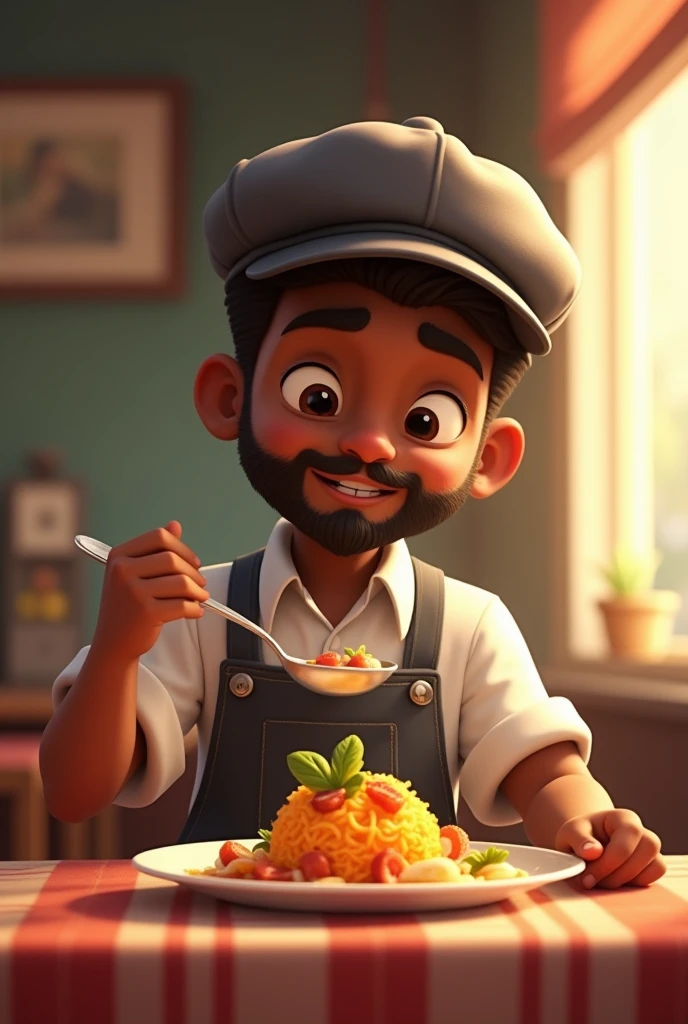 Dark-skinned boy with a tender face, of heavy build with a beard and a cap, dressed in a white shirt and apron, has an urban cap, The boy is showing a spoon of food and has a plate with food on the table , He is sitting in a restaurant. This image is an animation
