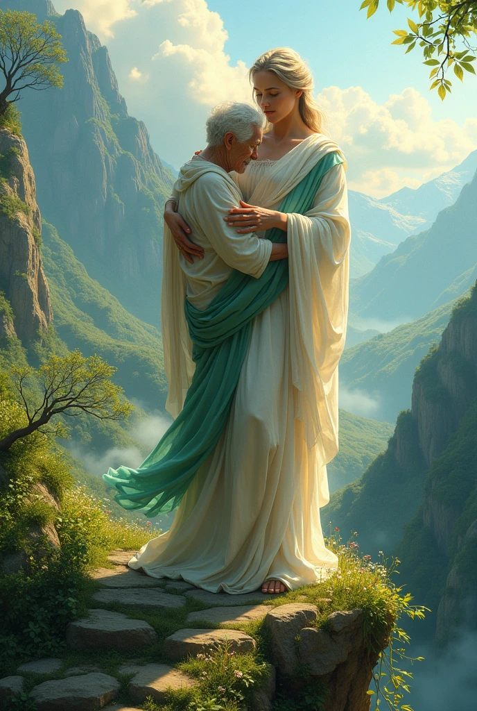 The goddess carried the old woman up to the peak of the green mountain and helped her