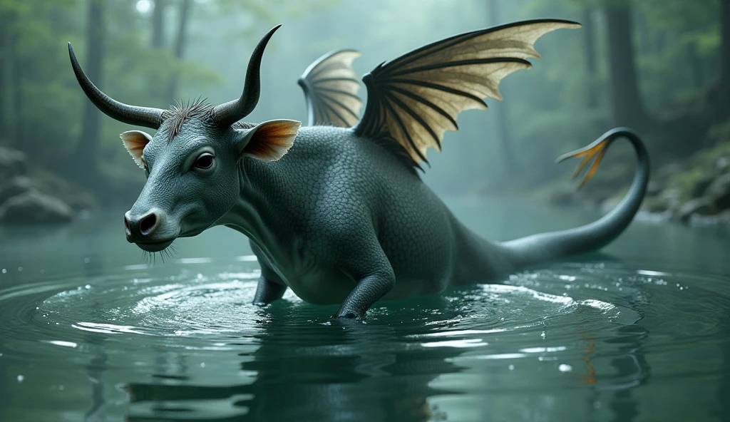 There is a creature growing in the water，It has a cow&#39;s head, a fish&#39;s body, and a snake&#39;s tail.，Wings growing from the ribs（best quality，4K，8k，High level，masterpiece：1.2），Ultra Detailed，（lifelike，Photo real，Photo real：1.37）