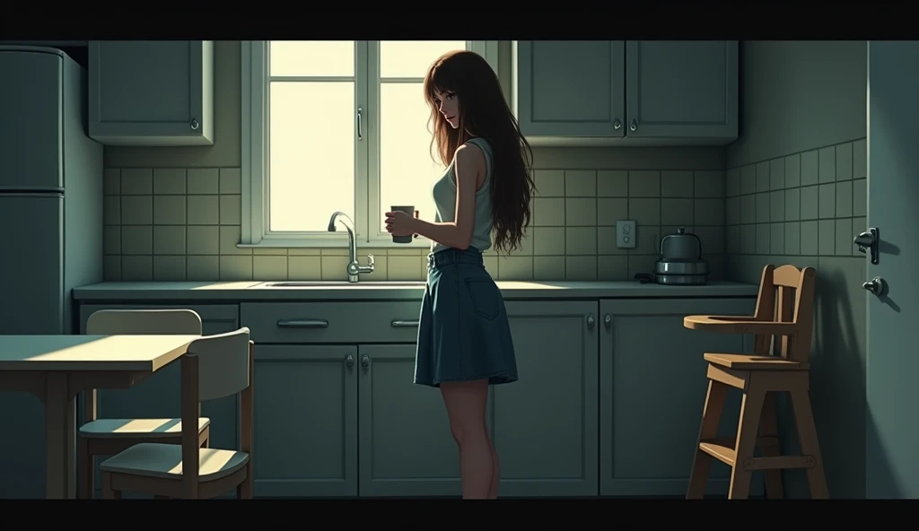 A poignant cinematic illustration of a long-haired brunette woman, dressed in a denim skirt, preparing coffee in a dark, sparsely furnished kitchen. The kitchen includes a white formica table, four formica chairs and a wooden baby high chair. The atmosphere is charged with emotion, with a feeling of despair and isolation. Light streams in through the window, casting a soft glow on the woman's face as she looks into the distance., still, cinematic