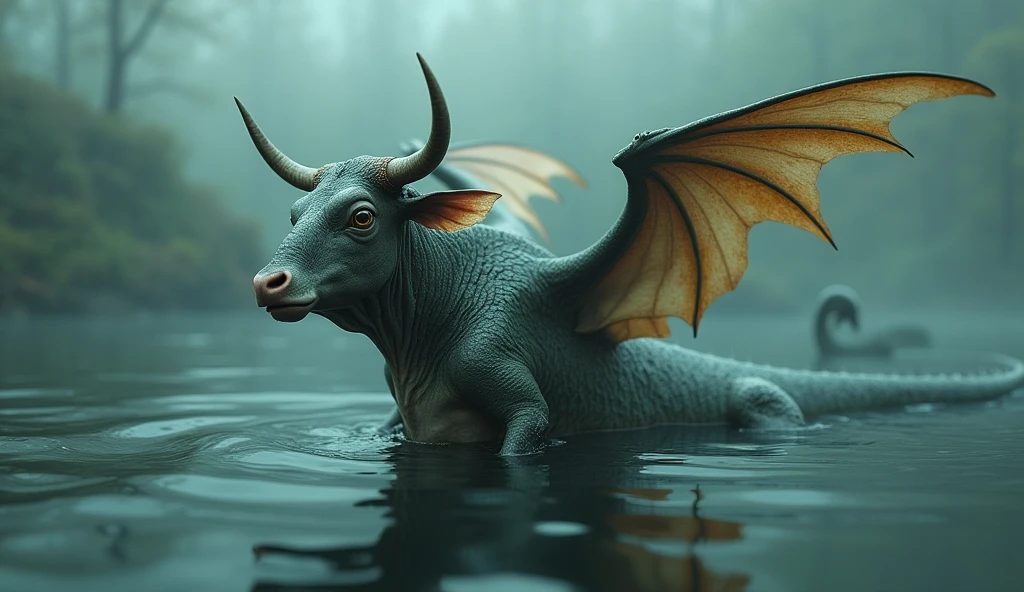 There is a creature growing in the water，It has a cow&#39;s head, a fish&#39;s body, and a snake&#39;s tail.，Wings growing from the ribs（best quality，4K，8k，High level，masterpiece：1.2），Ultra Detailed，（lifelike，Photo real，Photo real：1.37）