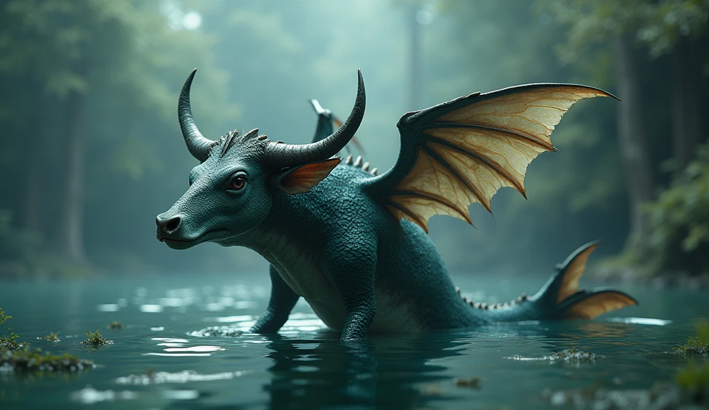 There is a creature growing in the water,It has a cow's head, a fish's body, and a snake's tail.,Wings growing from the ribs(best quality,4K,8k,High level,masterpiece:1.2),Ultra Detailed,(lifelike,Photo real,Photo real:1.37)