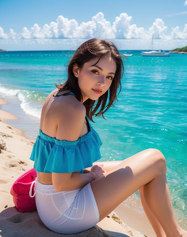 (Best lighting, Best Shadow, masterpiece, high quality), colorful, Vibrant, Summer mood, lots of bright colors, Beautiful woman in light summer clothes, Hair loss, Sit on the clear water and white sand, Bright blue sky.