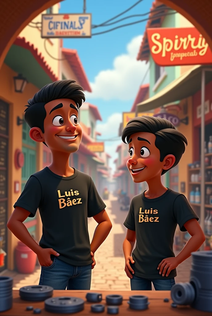 Pixar style poster of a 2 young man, his skin color is brown, he owns a spare parts store in San Luis, he has a black t-shirt with the name Luis Báez, his hair is dark and short.