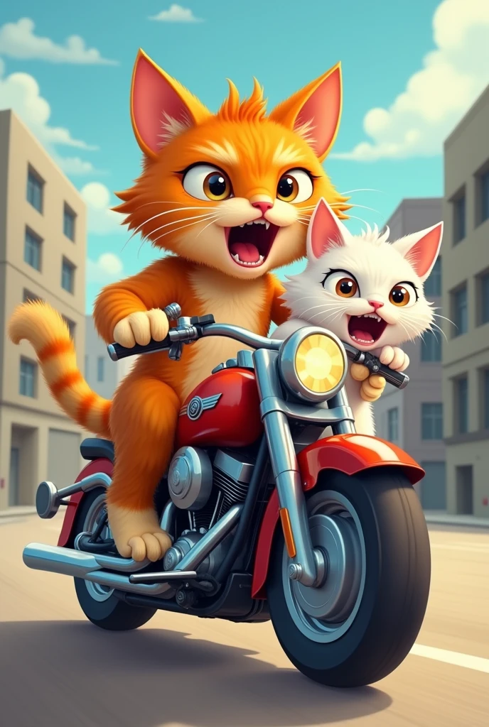 Orange cat on motorcycle and scared white cat