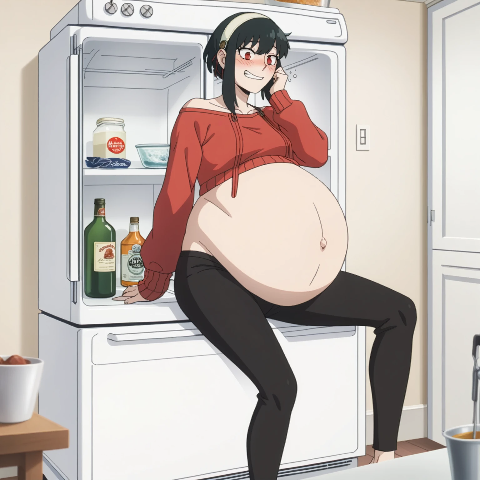 I look at the viewer, One, yorforger,1 girl, ((medium breast)), ((belly stuffed)), ((huge belly)), ((Very drunk)), ((staggers)), black hair, Red eyes, short hair with long strands, white hair band, from the shoulder, red sweater, black tights, ((drank too much)), ((exhausted)), ((excited)), ((in front of the refrigerator)), ((Outdoor refrigerator)), ((lean on the fridge)),